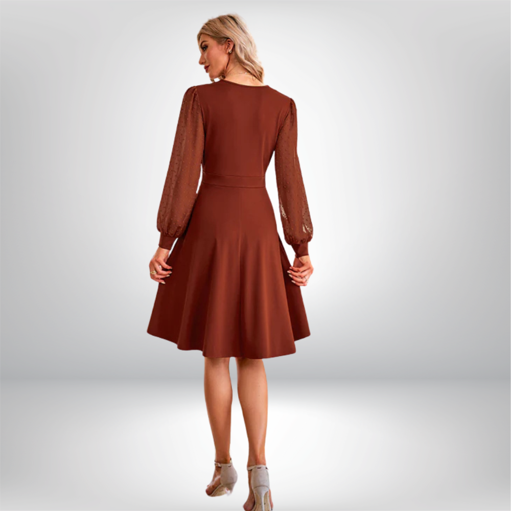 Elja - Chic V-Neck Dress Featuring Delicate Polka Dot Sheer Sleeves and a Flattering Flared Skirt