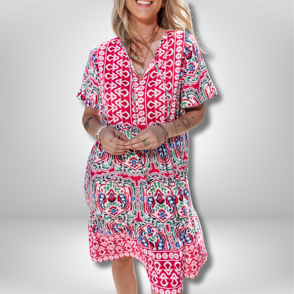 Rebecka - Stylish Bohemian Print Dress with Chic Tie Neck and Ruffled Hem