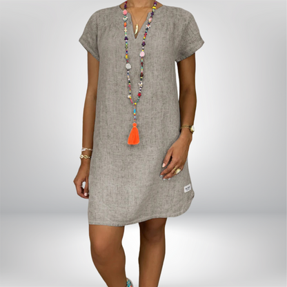 Jeniffer - Chic V-Neck Linen Dress with Stylish Rolled Sleeves and Flattering Curved Hem