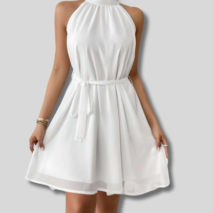 Chic Elegance - Women's Sleeveless Mini Dress with Round Neck and Stylish Buttoned Belt