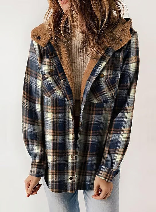 Classic Plaid Wool Hooded Jacket | Warm Buckle-Front Winter Coat