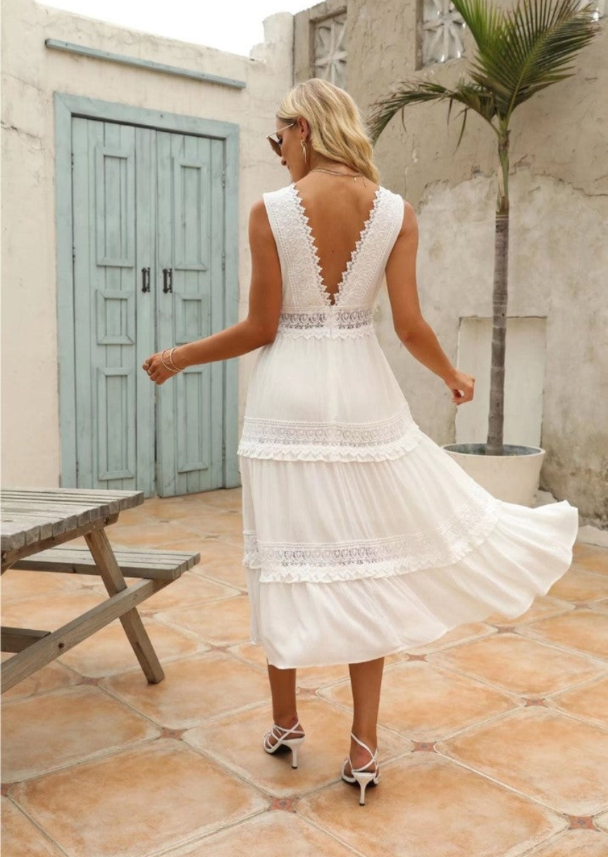 Romy | Stunning Women's Lace V-Neck Maxi Dress in Elegant White