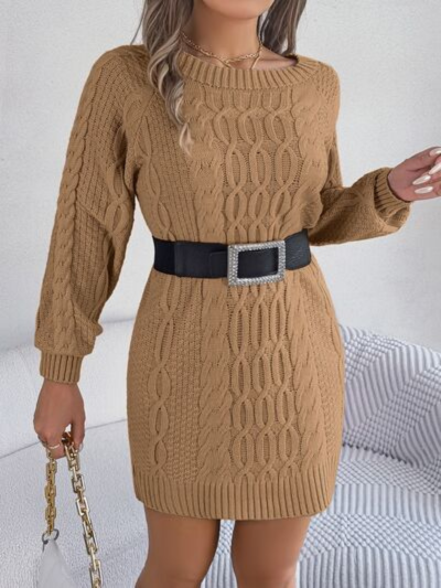 Chic Weslyn Cable Knit Sweater Dress with Stylish Round Neck | Versatile Jumper Vest