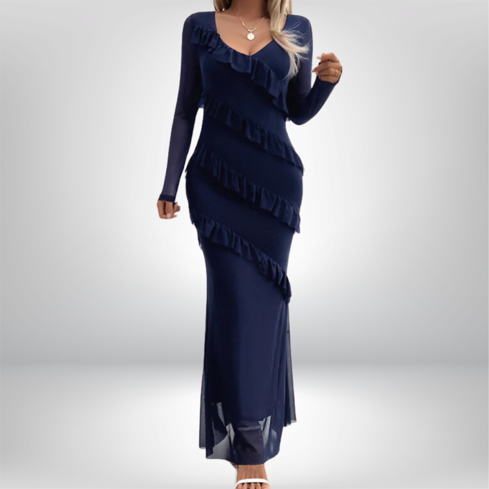 Aira - Elegant V-Neck Maxi Dress with Flattering Ruffle Sleeves