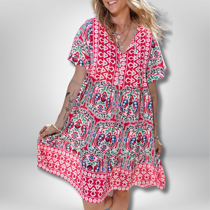 Rebecka - Stylish Bohemian Print Dress with Chic Tie Neck and Ruffled Hem
