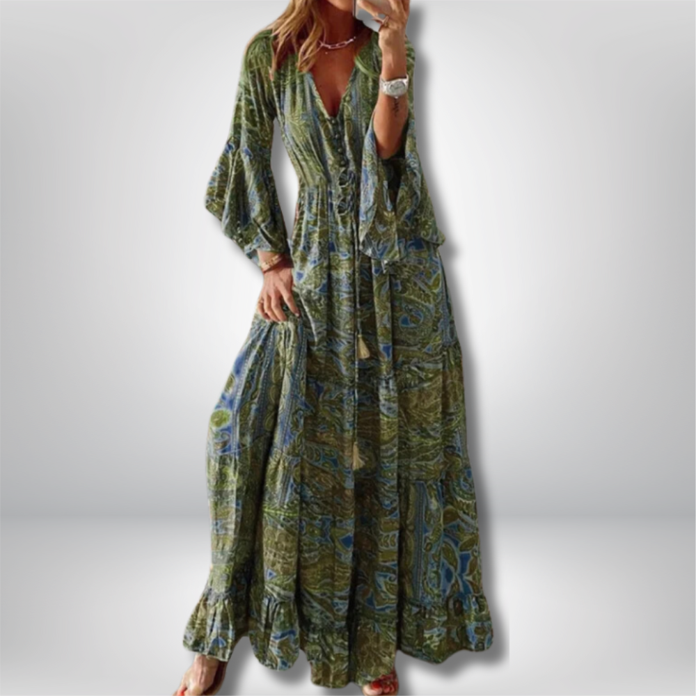 Boho Chic Maxi Dress by Erja – Stunning Paisley Print and Elegant Trumpet Sleeves