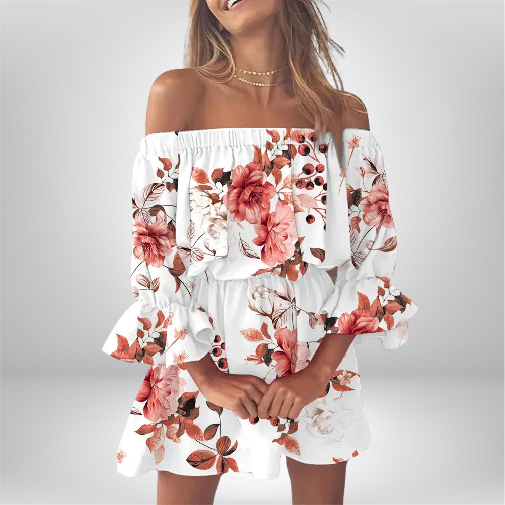 Elisa - Boho Chic Off-the-Shoulder Dress with Leaf Print