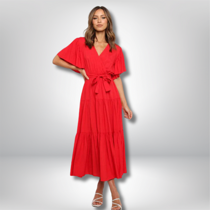 Chic Bohemian Midi Dress with V-Neck and Flowy Tiered Skirt