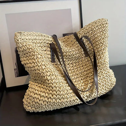 Stylish Woven Tote Bag with Elegant Leather Straps