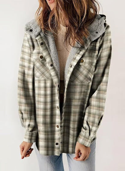Classic Plaid Wool Hooded Jacket | Warm Buckle-Front Winter Coat