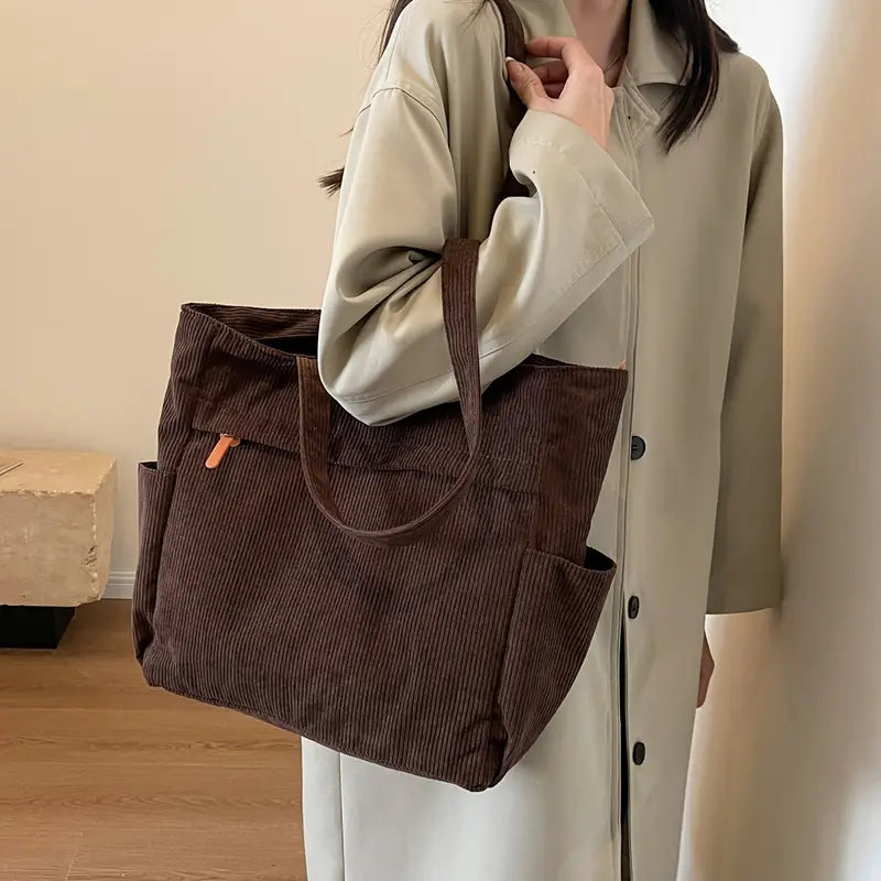 Stylish Corduroy Tote Bag with Comfortable Fixed Shoulder Straps