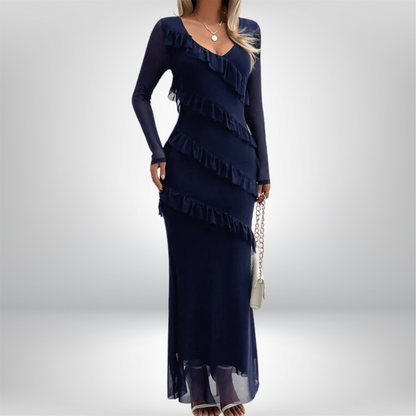 Aira - Elegant V-Neck Maxi Dress with Flattering Ruffle Sleeves