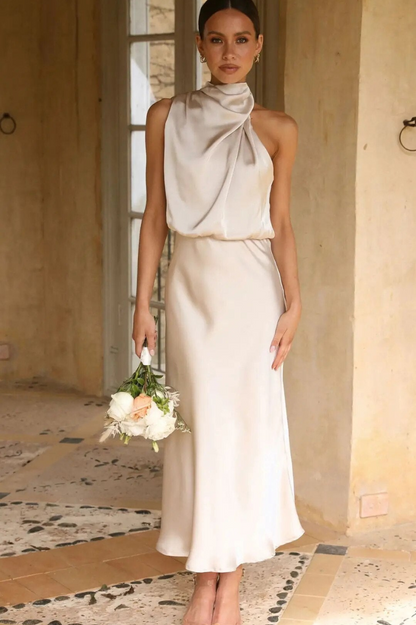 Lisanne | Elegant Women's Maxi Dress with Flattering Elastic Waist and Luxurious Satin Neck Drape
