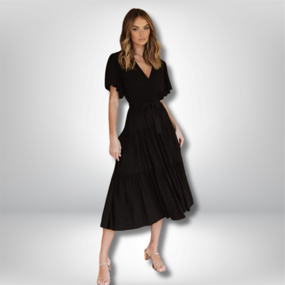 Chic Bohemian Midi Dress with V-Neck and Flowy Tiered Skirt