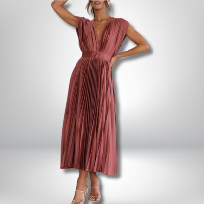 Aria - Elegant V-Neck Maxi Dress with Chic Pleats