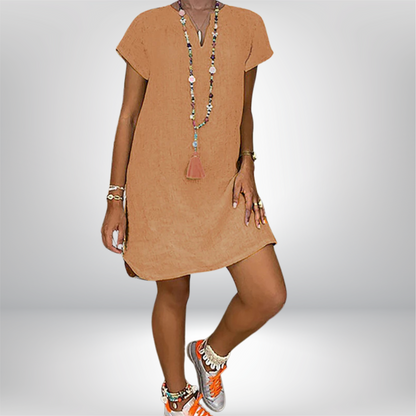 Jeniffer - Chic V-Neck Linen Dress with Stylish Rolled Sleeves and Flattering Curved Hem