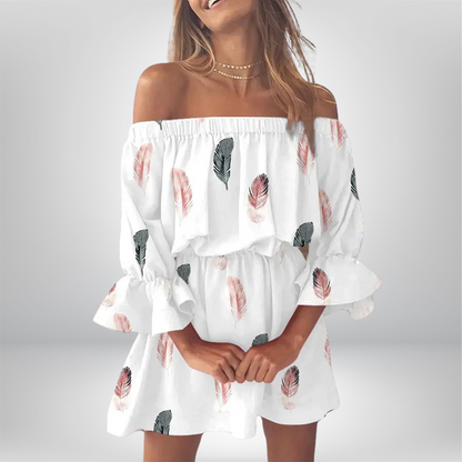 Elisa - Boho Chic Off-the-Shoulder Dress with Leaf Print