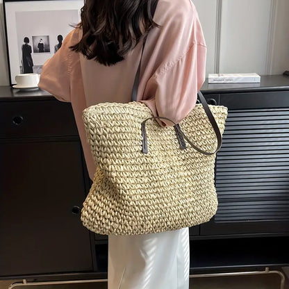 Stylish Woven Tote Bag with Elegant Leather Straps