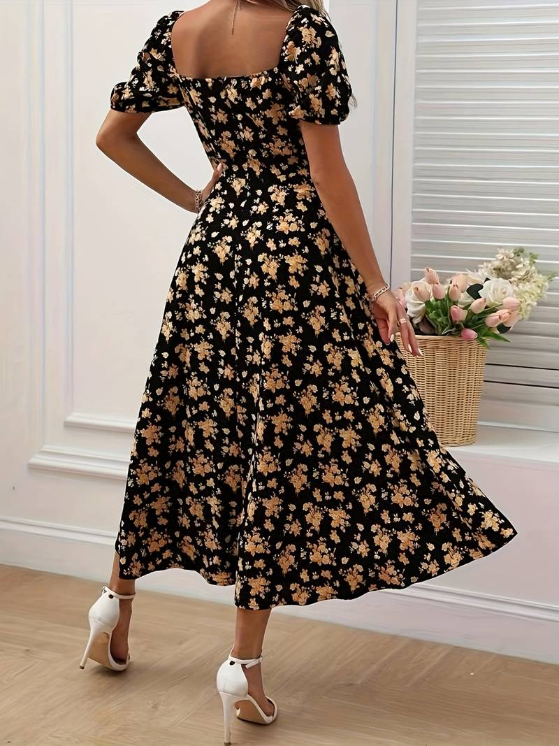 Neema - Elegant Floral Dress with Chic Puff Sleeves and Stylish Slit