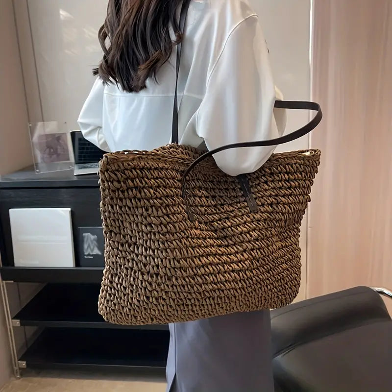 Stylish Woven Tote Bag with Elegant Leather Straps