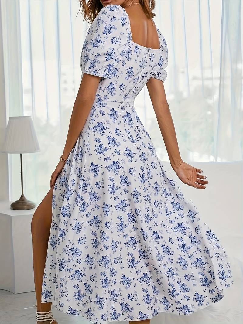 Neema - Elegant Floral Dress with Chic Puff Sleeves and Stylish Slit