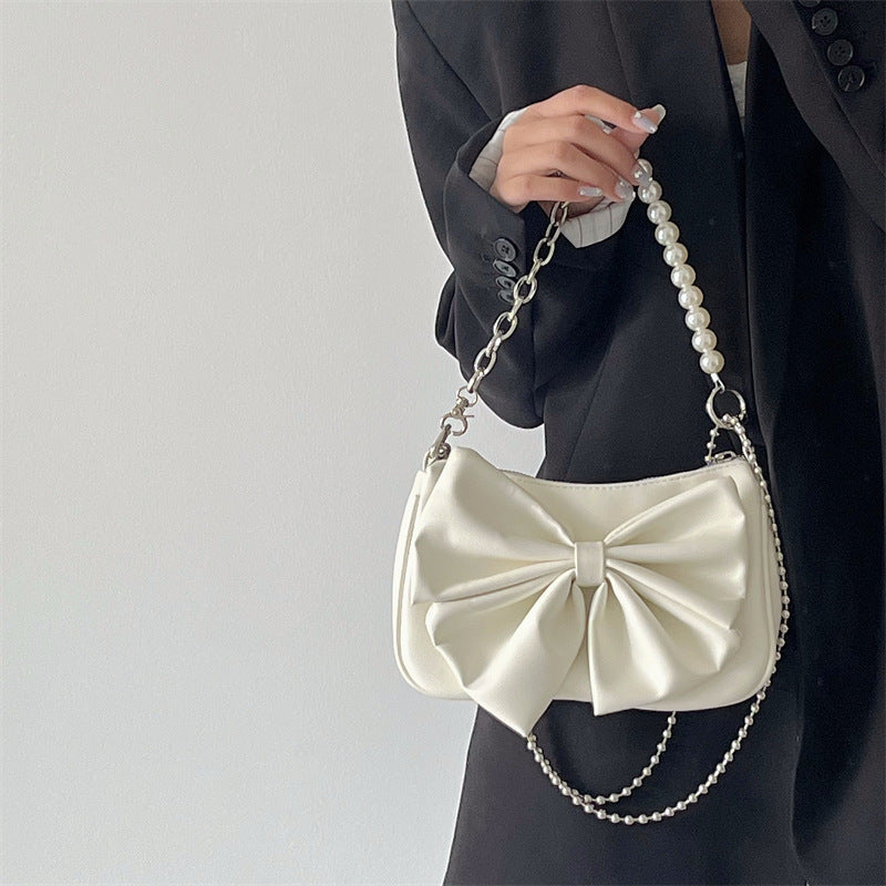 Camille - Chic Bag Adorned with a Luxurious Bow and Pearl Chain