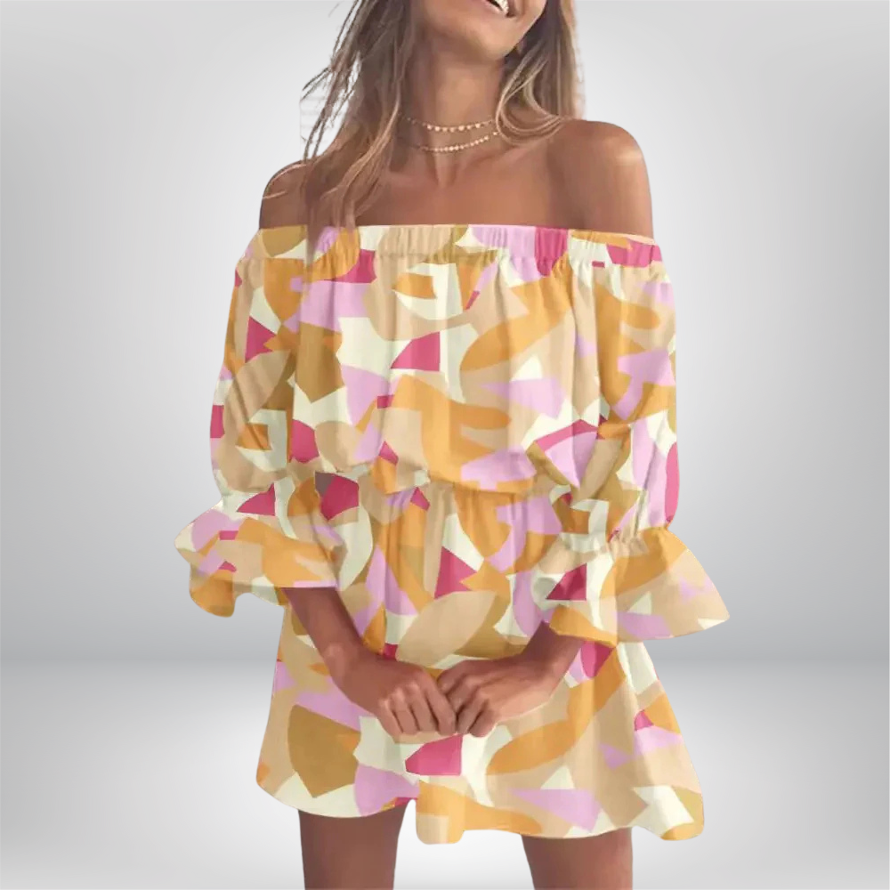 Elisa - Boho Chic Off-the-Shoulder Dress with Leaf Print