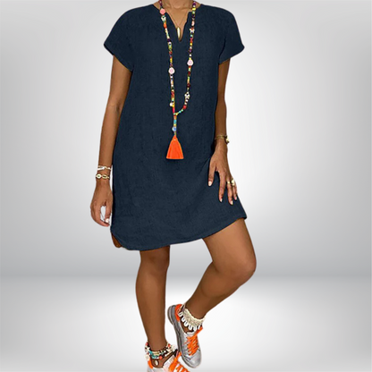 Jeniffer - Chic V-Neck Linen Dress with Stylish Rolled Sleeves and Flattering Curved Hem