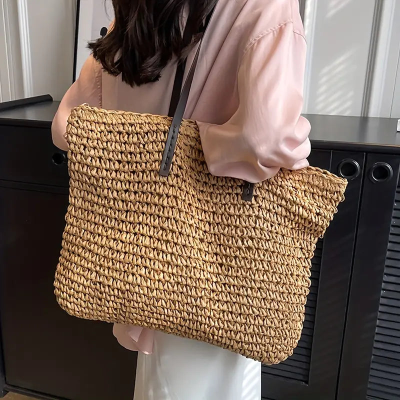 Stylish Woven Tote Bag with Elegant Leather Straps