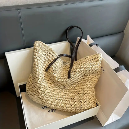 Stylish Woven Tote Bag with Elegant Leather Straps