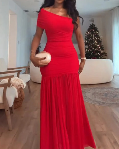 Solavie® – One Shoulder Waist-Defined Solid Color Midi Dress