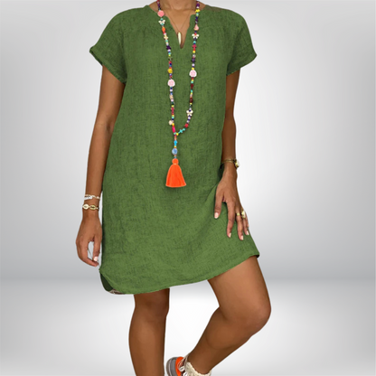 Jeniffer - Chic V-Neck Linen Dress with Stylish Rolled Sleeves and Flattering Curved Hem