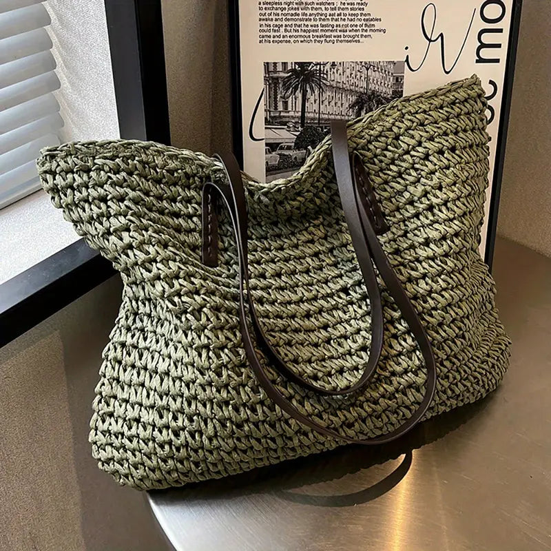 Stylish Woven Tote Bag with Elegant Leather Straps