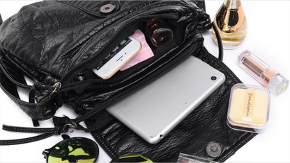 Chic Vintage Washed Leather Pleated Bag with Adjustable Shoulder Strap