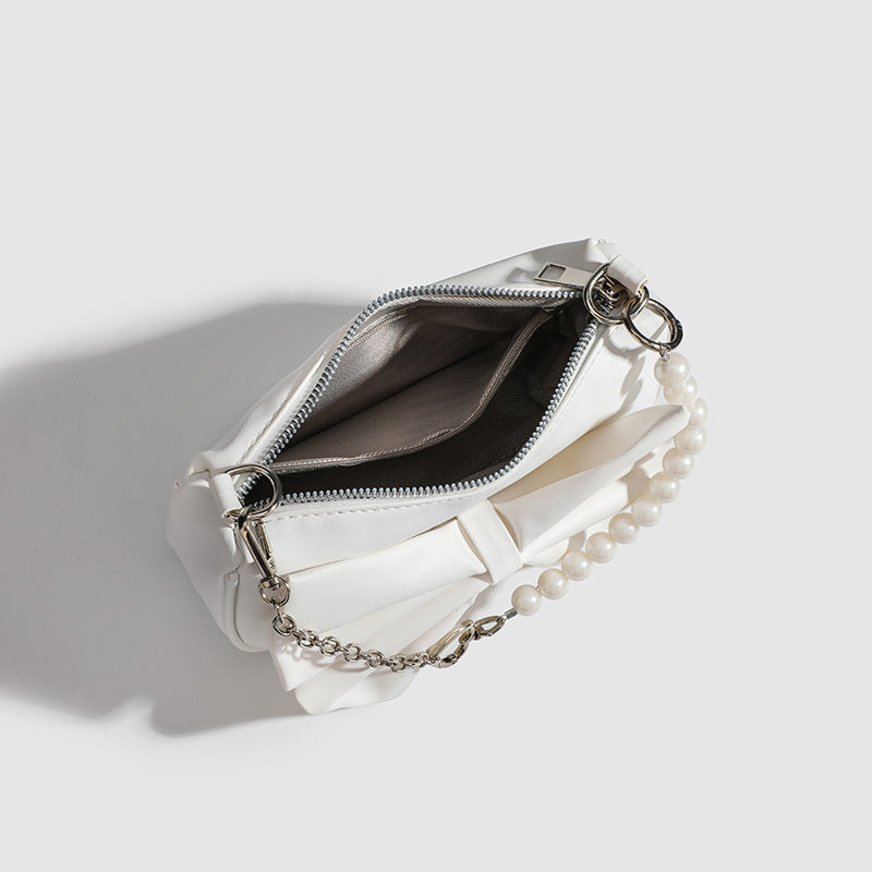 Camille - Chic Bag Adorned with a Luxurious Bow and Pearl Chain