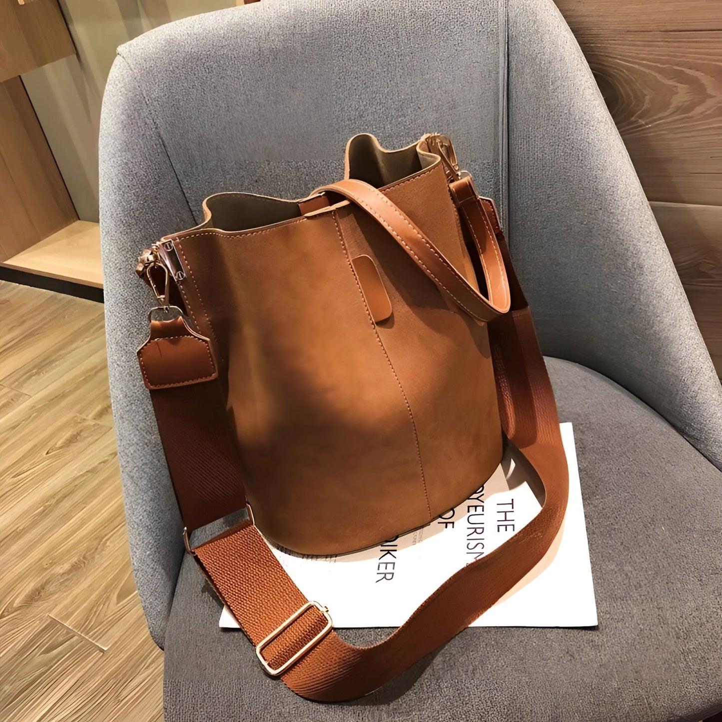 Chic Tan Leather Bucket Bag - Stylish Adjustable Strap for the Modern Woman