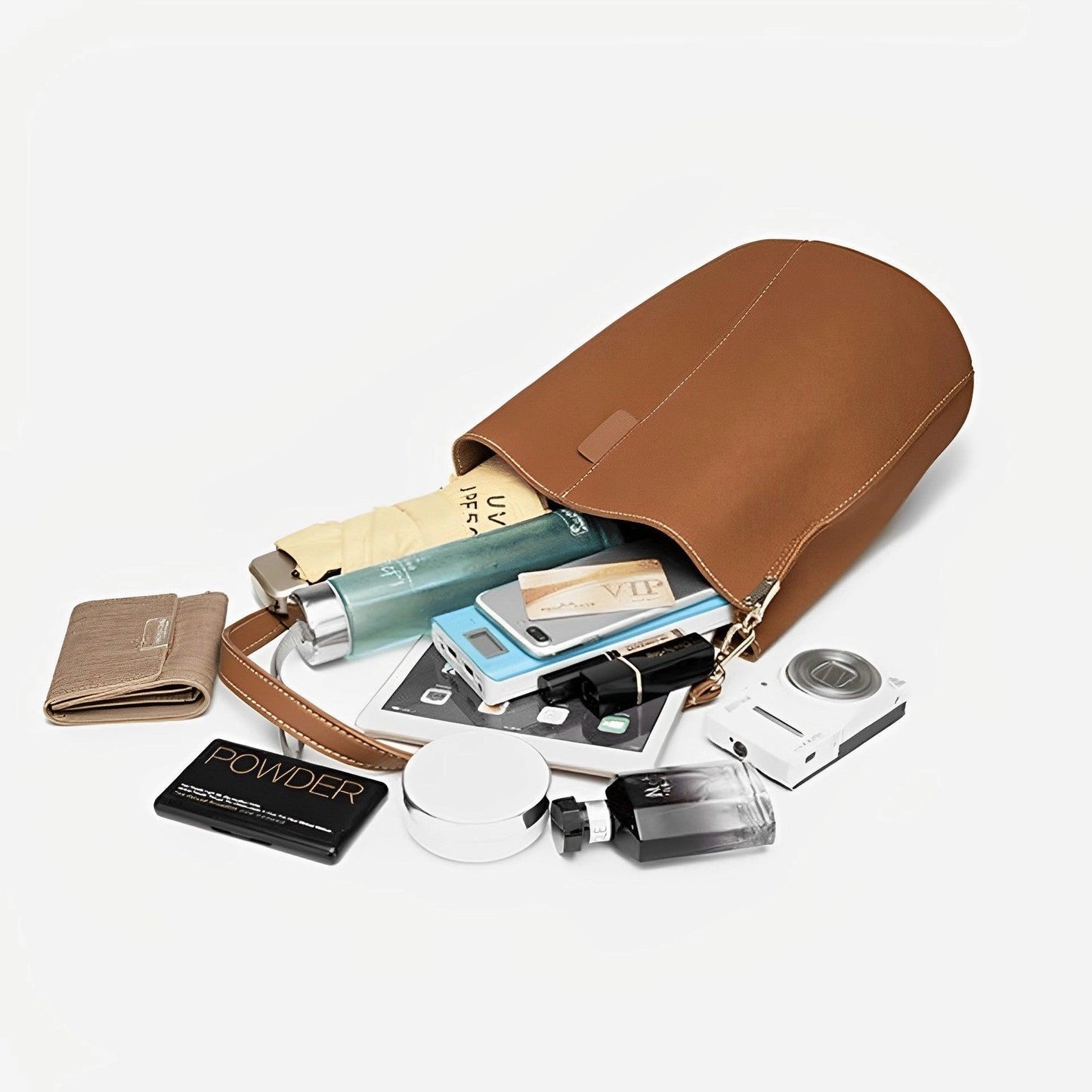 Chic Tan Leather Bucket Bag - Stylish Adjustable Strap for the Modern Woman