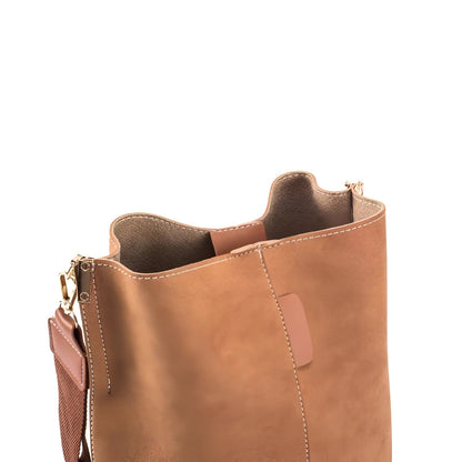 Chic Tan Leather Bucket Bag - Stylish Adjustable Strap for the Modern Woman