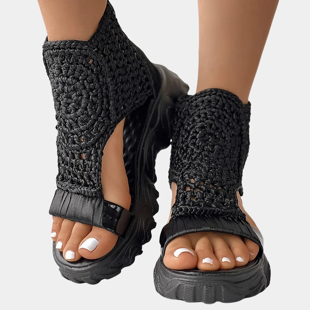 Chic Women’s Braided Wedge Sandals – Comfortable Knitted Elastic Upper with Trendy Geometric Design – Perfect for Summer Adventures and Everyday Casual Looks, Offered in Various Colors