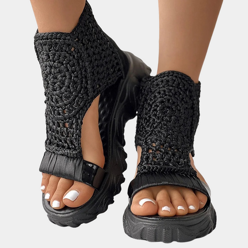 Chic Women’s Braided Wedge Sandals – Comfortable Knitted Elastic Upper with Trendy Geometric Design – Perfect for Summer Adventures and Everyday Casual Looks, Offered in Various Colors