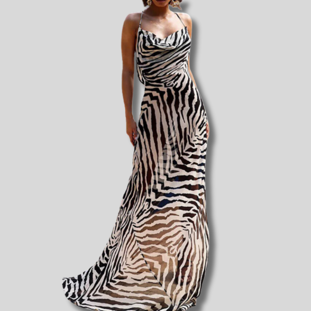 Tara - Striking Backless Maxi Dress featuring Bold Zebra Stripes