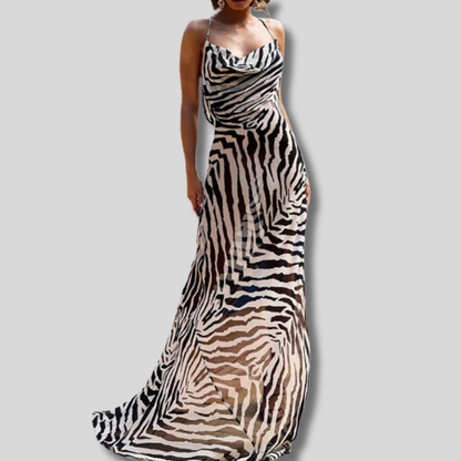 Tara - Striking Backless Maxi Dress featuring Bold Zebra Stripes