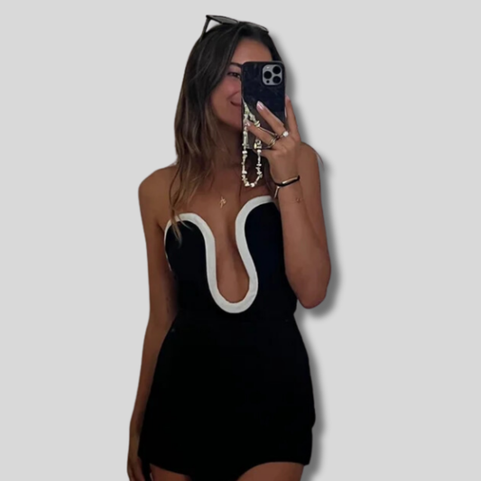 Karen - Stunning Mini Dress with Flattering Plunging Neckline and Chic Contrast Trim