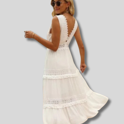Romy | Stunning Women's Lace V-Neck Maxi Dress in Elegant White