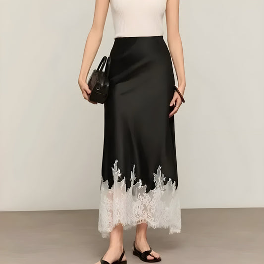 Elegant Satin Skirt with Delicate Lace Trim