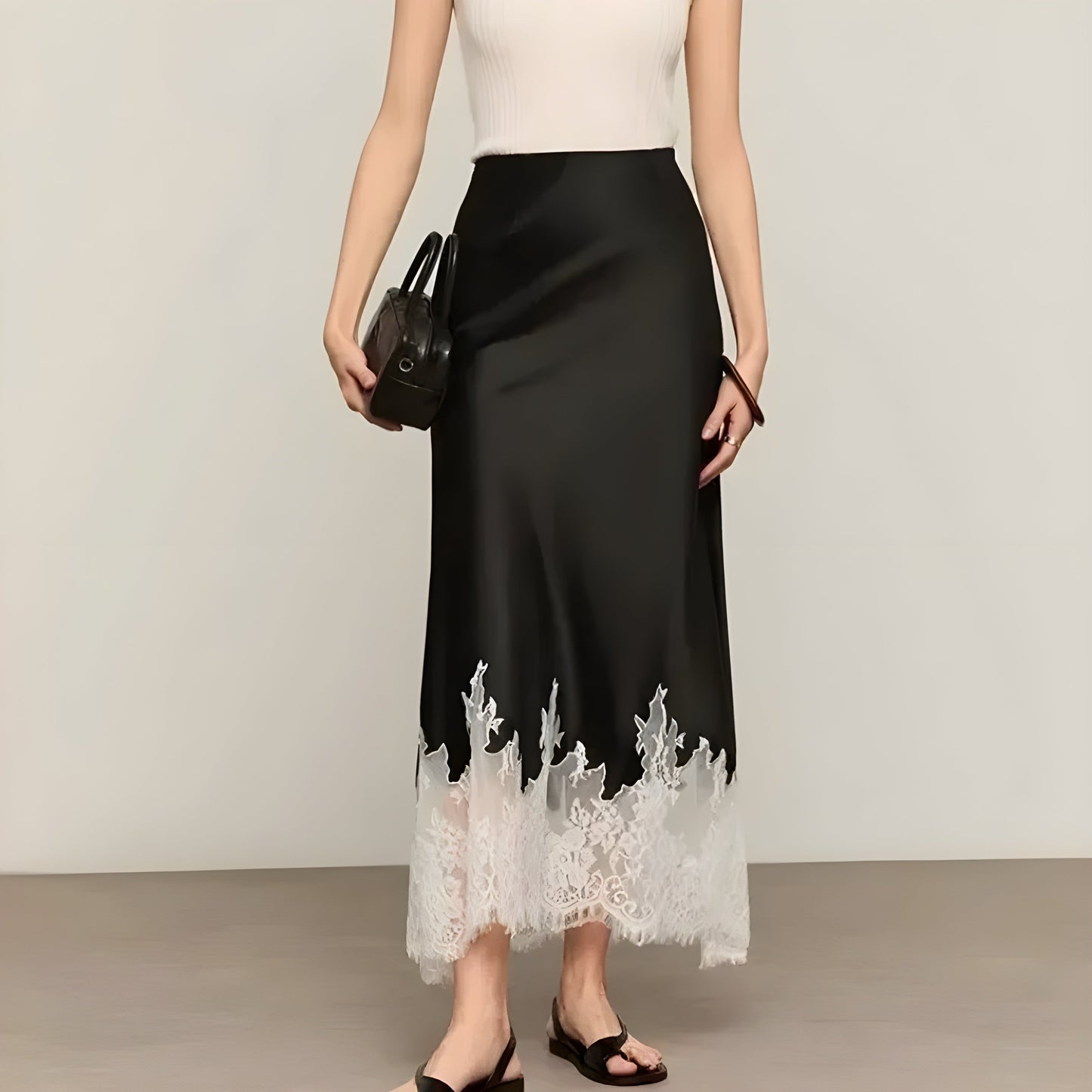 Elegant Satin Skirt with Delicate Lace Trim