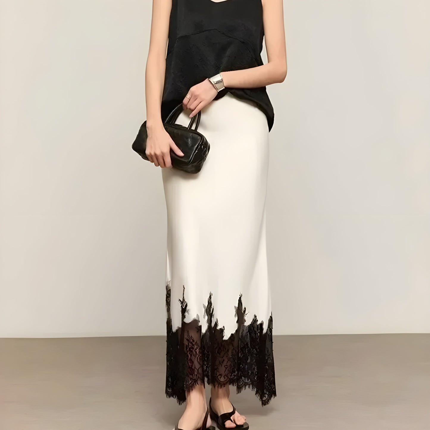 Elegant Satin Skirt with Delicate Lace Trim