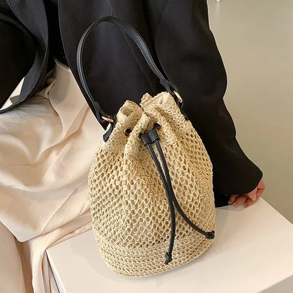 Chic Hand-Woven Straw Bucket Bag for Women - Perfect Summer Companion