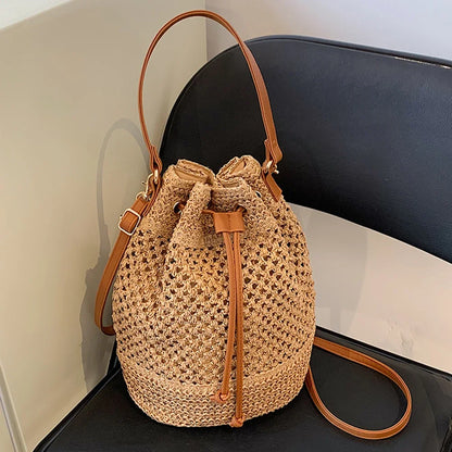 Chic Hand-Woven Straw Bucket Bag for Women - Perfect Summer Companion
