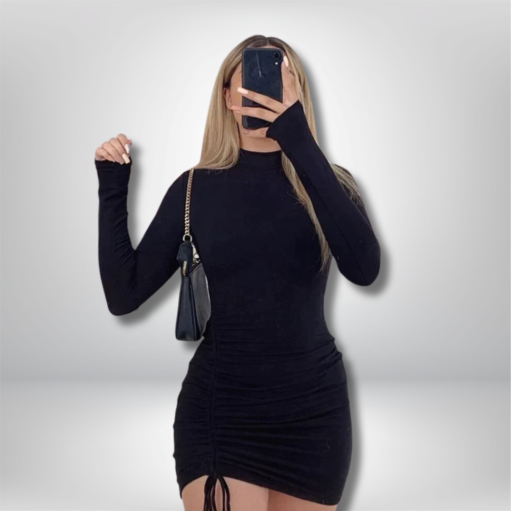 Jany - Chic High Neck Mini Dress in Solid Color